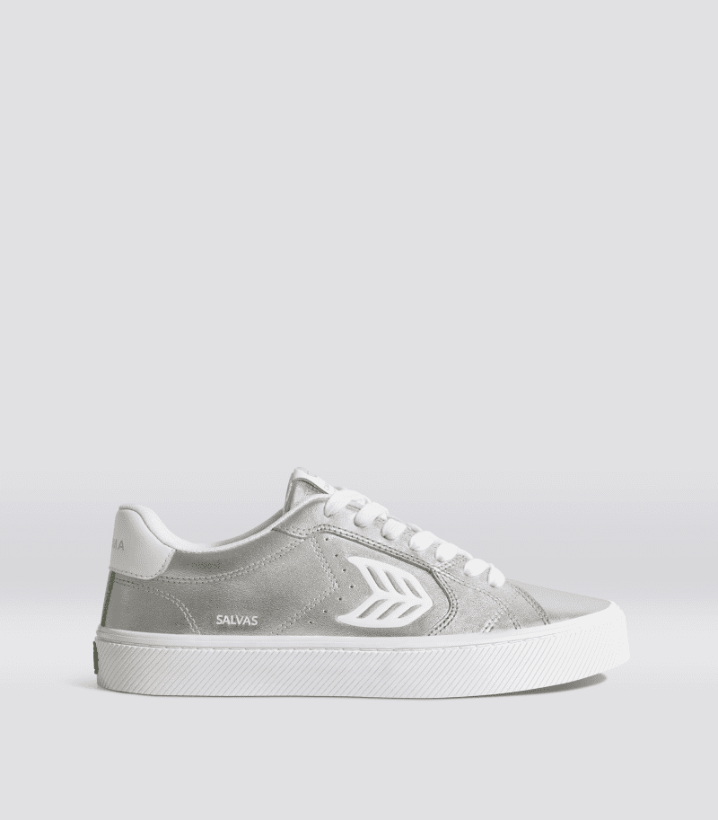 salvas metallic silver leather sneaker.side view